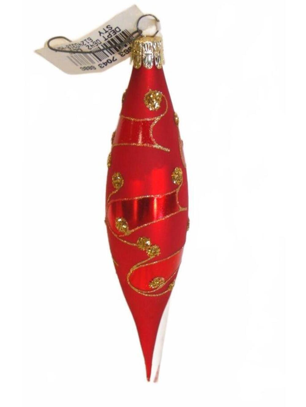 BNWT Vintage Red W/ Glitter Swirls Icicle Glass Ornament From Czech Republic